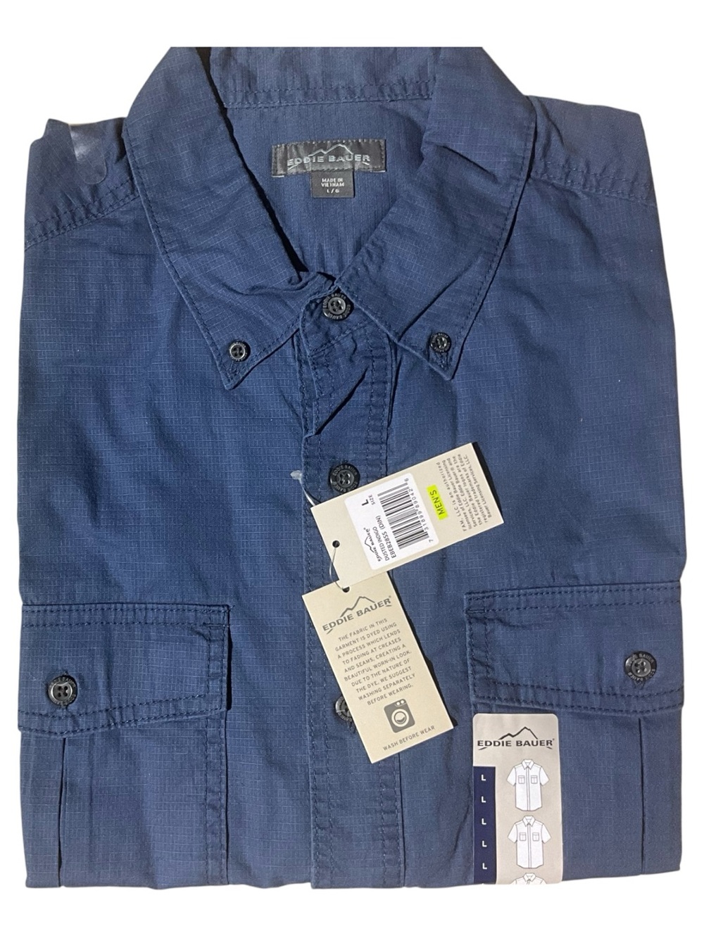 NWT Eddie Bauer Durastripe Breeze Shirt Mens L Light Navy Short Sleeve Outdoor